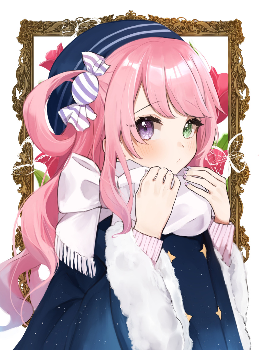 1girl absurdres alternate_costume blue_headwear blush candy_hair_ornament closed_mouth coat commentary_request food-themed_hair_ornament fur-trimmed_coat fur_trim green_eyes hair_ornament hair_rings heterochromia highres himemori_luna hololive long_hair long_sleeves looking_at_viewer mashiro_io picture_frame pink_hair purple_eyes scarf solo upper_body virtual_youtuber white_background white_scarf