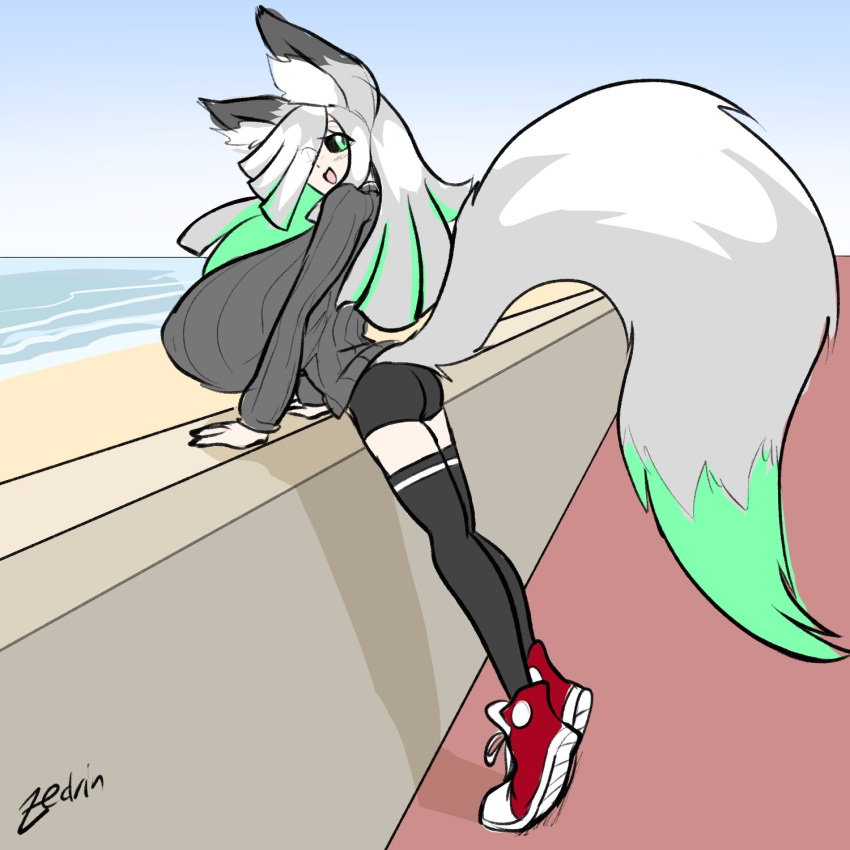 animal_humanoid beach big_breasts black_sclera bottomwear breasts butt canid canid_humanoid canine canine_humanoid clothing female footwear fox_humanoid fuyumi_(zedrin) green_eyes green_hair grey_hair hair hi_res huge_breasts humanoid hyper hyper_breasts looking_back mammal mammal_humanoid multicolored_hair one_eye_obstructed open_mouth sand seaside shadow shirt shoes shorts signature smile solo tail text topwear water zedrin