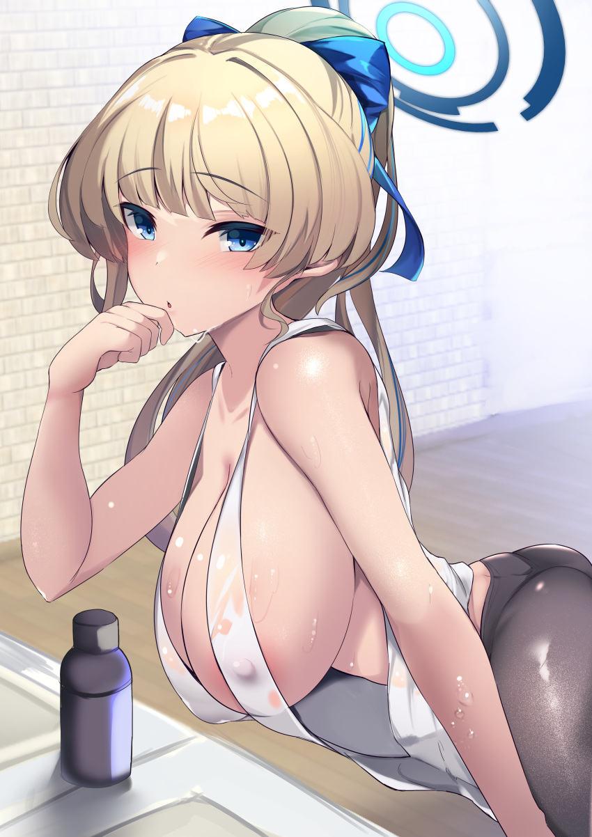 1girl absurdres alternate_costume black_pantyhose blonde_hair blue_archive blue_eyes blue_hair blue_ribbon blush breasts cleavage covered_nipples hair_ribbon halo highres large_breasts long_hair looking_at_viewer multicolored_hair pantyhose parted_lips ribbon solo streaked_hair tamano_nae toki_(blue_archive) wet