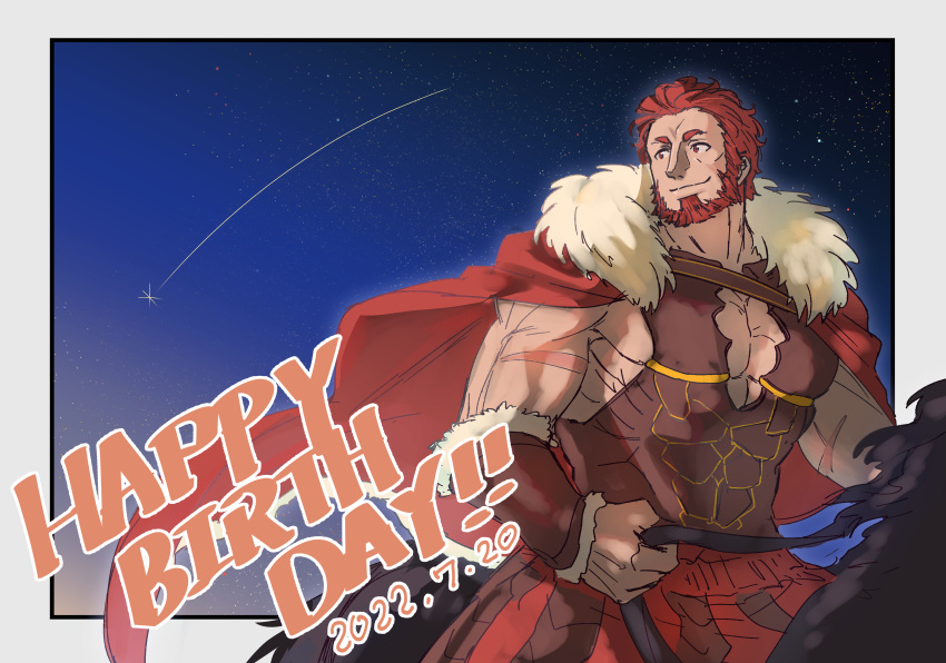 absurdres ancient_greek_clothes bara beard cape facial_hair fate/grand_order fate_(series) feet_out_of_frame happy_birthday highres horseback_riding iskandar_(fate) large_pectorals looking_to_the_side male_focus mature_male muscular muscular_male pectoral_cleavage pectorals red_eyes red_hair riding scar shababuru shooting_star short_hair sidepec sky smile star_(sky) starry_sky thick_eyebrows