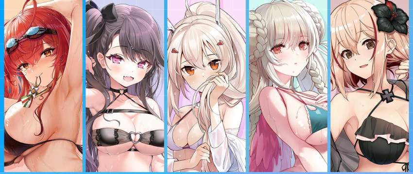 5girls alternate_costume artist_request ayanami_(azur_lane) azur_lane bikini breasts cleavage formidable_(azur_lane) formidable_(the_lady_of_the_beach)_(azur_lane) hair_tie_in_mouth italian_flag looking_at_viewer mouth_hold multiple_girls official_alternate_costume official_art pamiat_merkuria_(azur_lane) promotional_art roon_(azur_lane) simple_background swimsuit tying_hair upper_body zara_(azur_lane) zara_(poolside_coincidence)_(azur_lane)