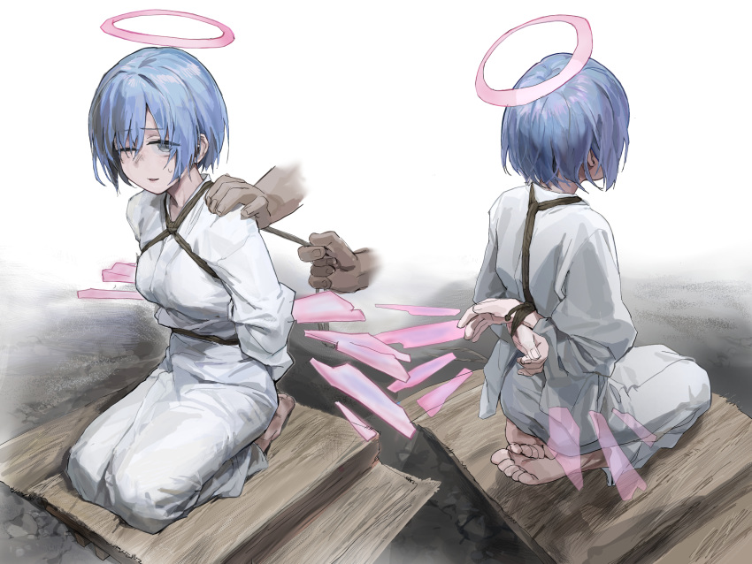 1girl a_tea arknights arms_behind_back bdsm blue_hair bondage bound breasts detached_wings disembodied_limb energy_wings full_body halo highres how_to japanese_clothes looking_at_viewer medium_breasts multiple_views one_eye_closed seiza shibari short_hair sitting spuria_(arknights) wings yellow_eyes