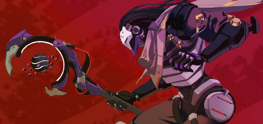 1boy cyborg duke_kleist highres holding holding_staff holding_weapon male_focus mechanical_arms mechanical_hands mechanical_parts omnic overwatch ramattra_(overwatch) red_background red_theme robot scarf solo staff upper_body weapon