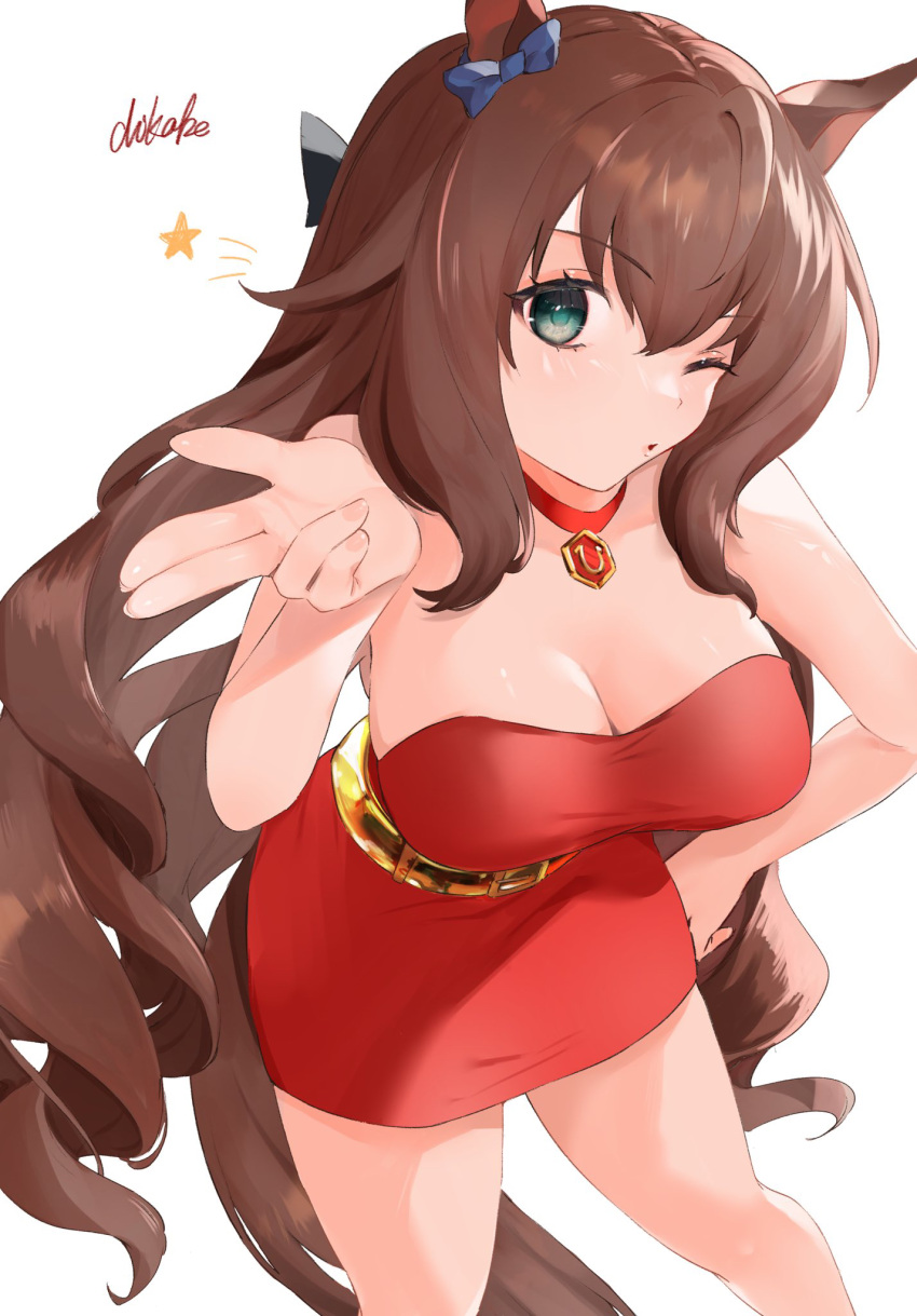 1girl animal_ears aqua_eyes bare_shoulders belt black_bow blowing_kiss blue_bow bow breasts brown_hair choker cleavage commentary_request dress ear_bow gold_belt hair_between_eyes hand_on_own_hip highres horse_ears horse_girl horse_tail kabechizu large_breasts long_hair maruzensky_(umamusume) one_eye_closed pendant_choker red_choker red_dress simple_background sleeveless sleeveless_dress solo star_(symbol) tail umamusume umayuru very_long_hair white_background