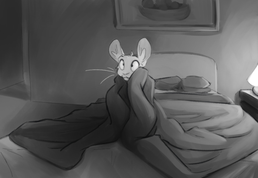 animancer bed bedding black_and_white blanket cuddly dipodid furniture hi_res jerboa luck_(animancer) mammal monochrome rodent whiskers