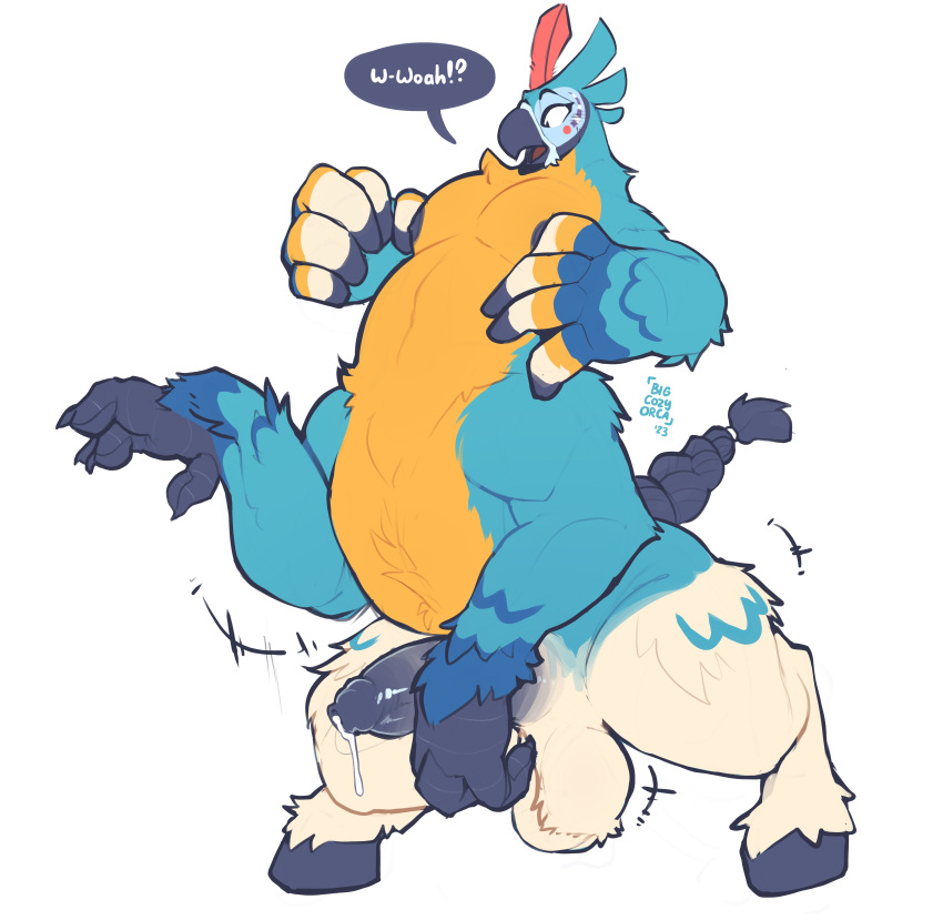 absurd_res anthro avian avian_taur balls beak bigcozyorca bird bird_taur blue_body blue_feathers blue_fur bodily_fluids breath_of_the_wild feather_hands feathers foreskin fur genital_fluids genitals hi_res hooves humanoid_genitalia humanoid_penis implied_transformation kass_(tloz) male nintendo nipples non-mammal_balls penis precum rito simple_background solo speech_bubble surprised_expression talons taur the_legend_of_zelda white_background white_body white_feathers white_fur winged_arms wings yellow_body yellow_feathers yellow_fur