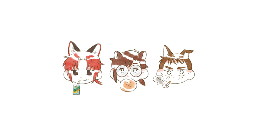 1girl 2boys animal_ears bagel brown_hair cigarette closed_mouth commentary_request eoduun_badaui_deungbul-i_doeeo fox_boy fox_ears glasses gof2ull head_only jihyeok_seo juice_box kemonomimi_mode kim_jaehee korean_commentary looking_at_viewer multiple_boys red_hair round_eyewear short_hair short_ponytail simple_background smoke smoking white_background yu_geum-i