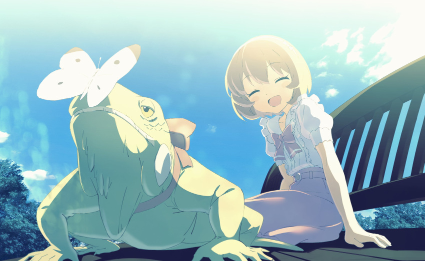 bench blonde_hair blue_sky bow bug butterfly closed_eyes highres hyou-kun idolmaster idolmaster_cinderella_girls iguana koga_koharu park_bench puffy_short_sleeves puffy_sleeves short_hair short_sleeves skirt sky smile