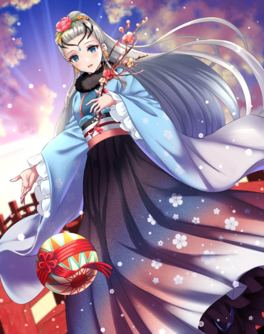 1girl black_hakama blue_eyes blue_kimono blush cloud commentary_request commission eir_(fire_emblem) eir_(new_year)_(fire_emblem) fire_emblem fire_emblem_heroes flower fur_collar fur_trim grey_hair hair_flower hair_ornament hakama hakama_skirt highres japanese_clothes kakiko210 kimono long_hair looking_at_viewer new_year obi official_alternate_costume outdoors pink_flower sash skeb_commission skirt sky smile solo very_long_hair wide_sleeves