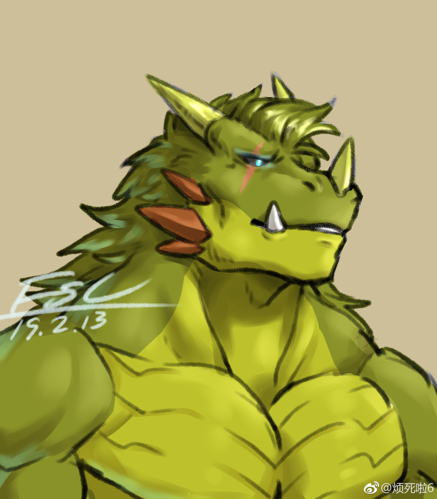 2019 absurd_res anthro blue_eyes brown_spikes bust_portrait countershading crever_(fansl) dated digital_media_(artwork) dragon eye_scar facial_horn facial_scar facial_spikes fangs fansl green_body green_hair green_horn green_scales hair head_horn hi_res horn jaw_spikes male muscular muscular_anthro muscular_male nose_horn pecs portrait scales scalie scar signature solo spikes spikes_(anatomy) teeth weibo weibo_logo wingless_dragon