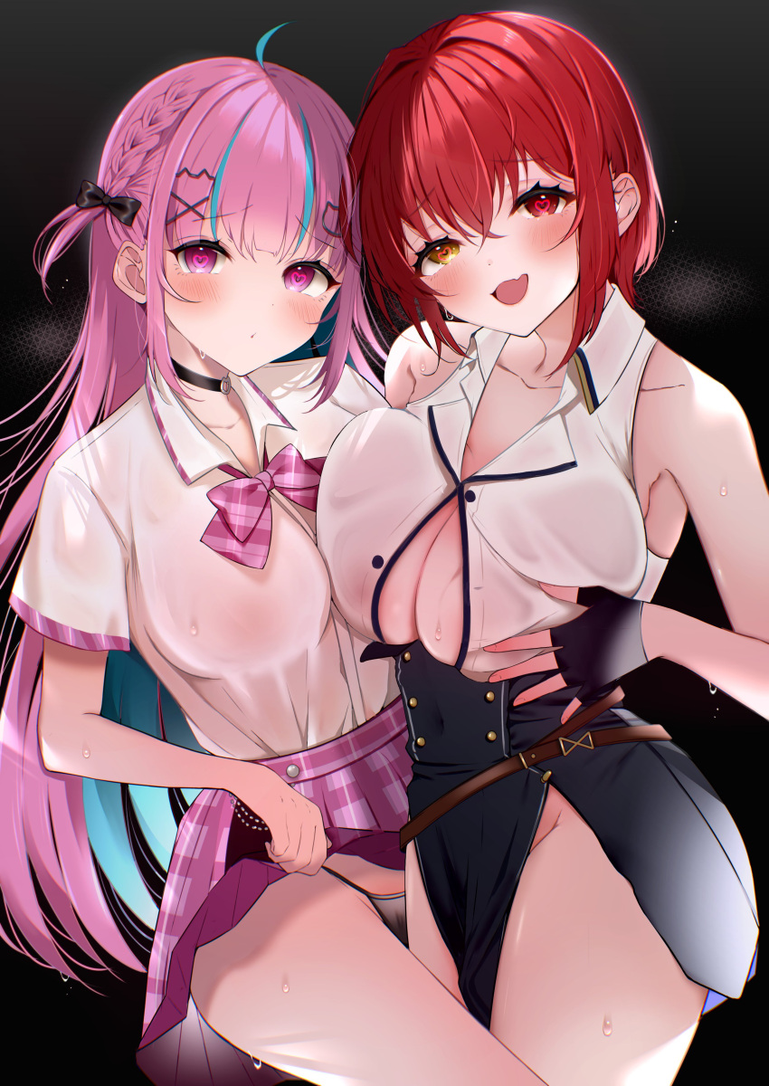 2girls absurdres ahoge bare_shoulders black_choker black_gloves black_panties black_skirt blue_hair blush bow bowtie braid breasts cat_hair_ornament choker clothes_lift collarbone collared_shirt colored_inner_hair covered_navel covered_nipples fang fingerless_gloves gloves hair_between_eyes hair_ornament heart heart-shaped_pupils heterochromia highres hololive houshou_marine houshou_marine_(6th_costume) large_breasts lifted_by_self long_hair looking_at_viewer minato_aqua minato_aqua_(school_uniform) miniskirt multicolored_hair multiple_girls no_panties o-ring o-ring_choker official_alternate_costume okibari_yasu open_mouth panties pink_bow pink_bowtie pink_hair pink_skirt plaid plaid_bow plaid_bowtie plaid_skirt pleated_skirt purple_eyes red_eyes red_hair school_uniform see-through see-through_shirt shirt short_hair short_sleeves skin_fang skirt skirt_lift sleeveless sleeveless_shirt streaked_hair sweat symbol-shaped_pupils thighs two-tone_hair underwear virtual_youtuber white_shirt x_hair_ornament yellow_eyes