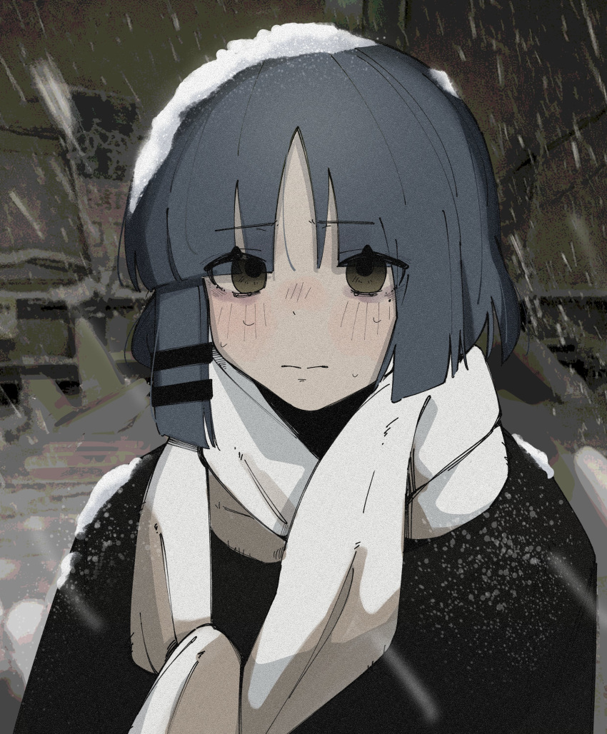 1girl absurdres black_jacket blunt_bangs blush bocchi_the_rock! empty_eyes english_commentary furrowed_brow highres husbant_(meme) jacket light_blush looking_at_viewer machuuu68 medium_hair meme multiple_hairpins night nose_blush outdoors photo-referenced scarf sidelocks snow snow_on_body snow_on_head snowing solo straight-on white_scarf winter yamada_ryo