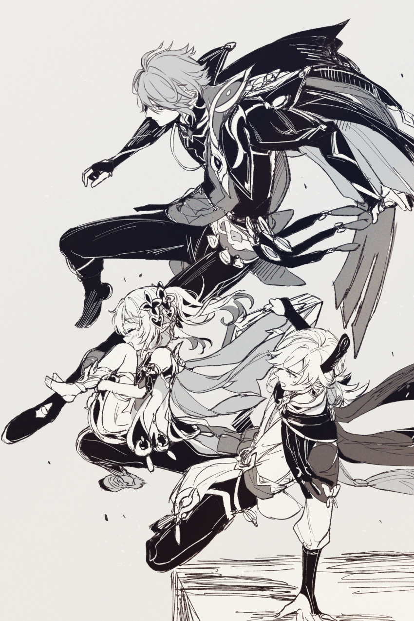 1girl 2boys alhaitham_(genshin_impact) closed_eyes closed_mouth facing_to_the_side feather_hair_ornament feathers female_child full_body genshin_impact greyscale hair_ornament high_side_ponytail highres kaveh_(genshin_impact) ktakbl0 long_hair long_sleeves medium_hair monochrome multiple_boys nahida_(genshin_impact) open_mouth pointy_ears short_hair