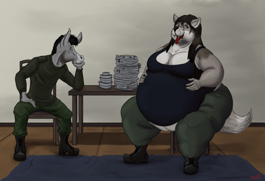 anthro asinus canid canine canis donkey eating equid equine feeding female food heavy male male/female mammal osiol overweight overweight_anthro overweight_female plates skinny skinny_anthro skinny_male stuffing wolf