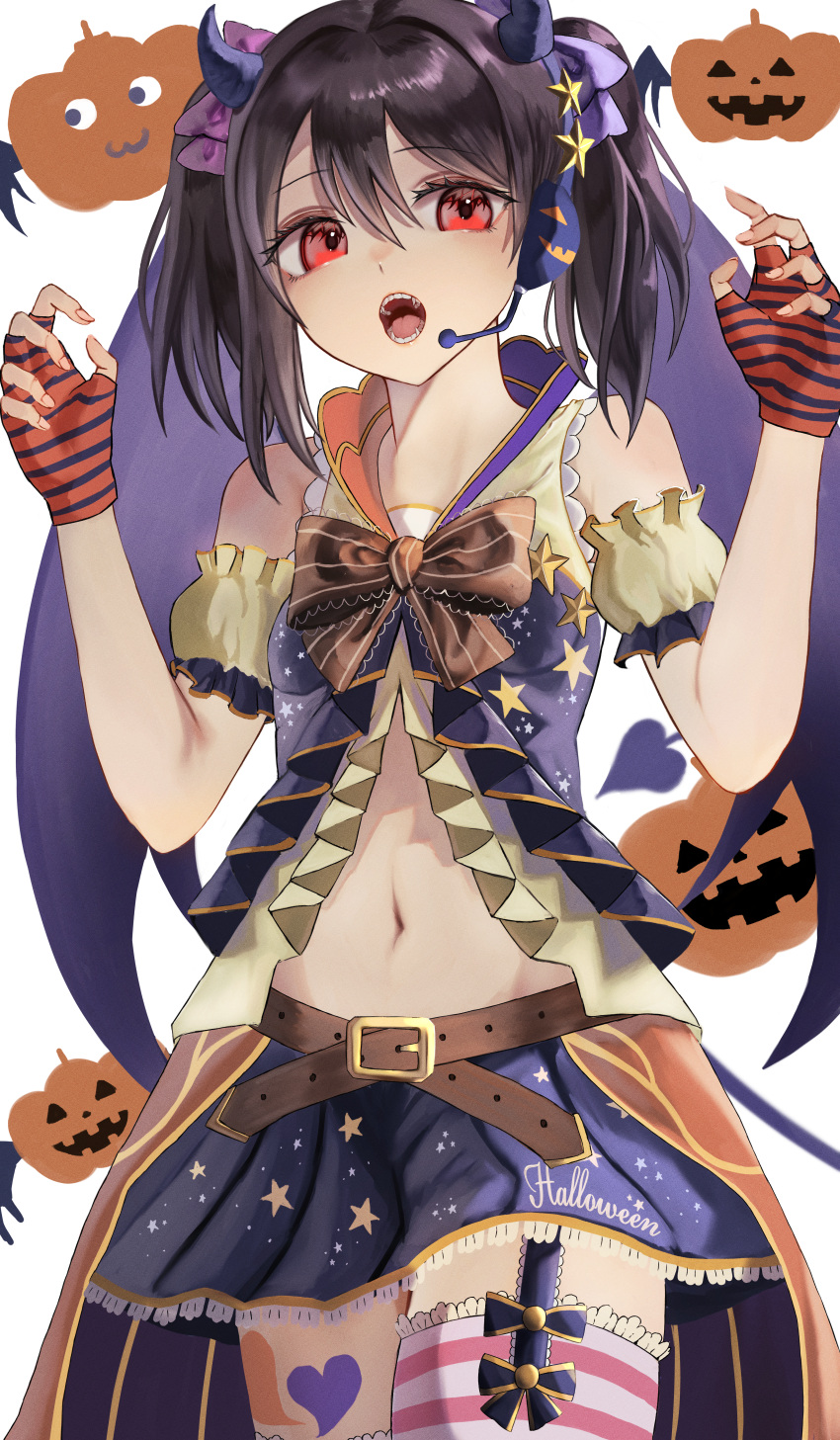 1girl :o absurdres bare_shoulders belt black_garter_straps black_hair blue_skirt bow bowtie brown_bow brown_bowtie cowboy_shot demon_horns detached_sleeves fangs flat_chest frilled_gloves frilled_shirt frilled_thighhighs frills front_slit garter_straps gloves halloween halloween_costume headset highres horns looking_at_viewer love_live! love_live!_school_idol_festival love_live!_school_idol_project medium_hair midriff miniskirt navel official_alternate_costume open_mouth pink_thighhighs print_skirt puffy_detached_sleeves puffy_short_sleeves puffy_sleeves red_eyes red_gloves shirt short_sleeves simple_background single_garter_strap skirt sleeveless sleeveless_shirt solo starry_sky_print striped striped_gloves striped_thighhighs thighhighs twintails white_background yazawa_nico zen.nico