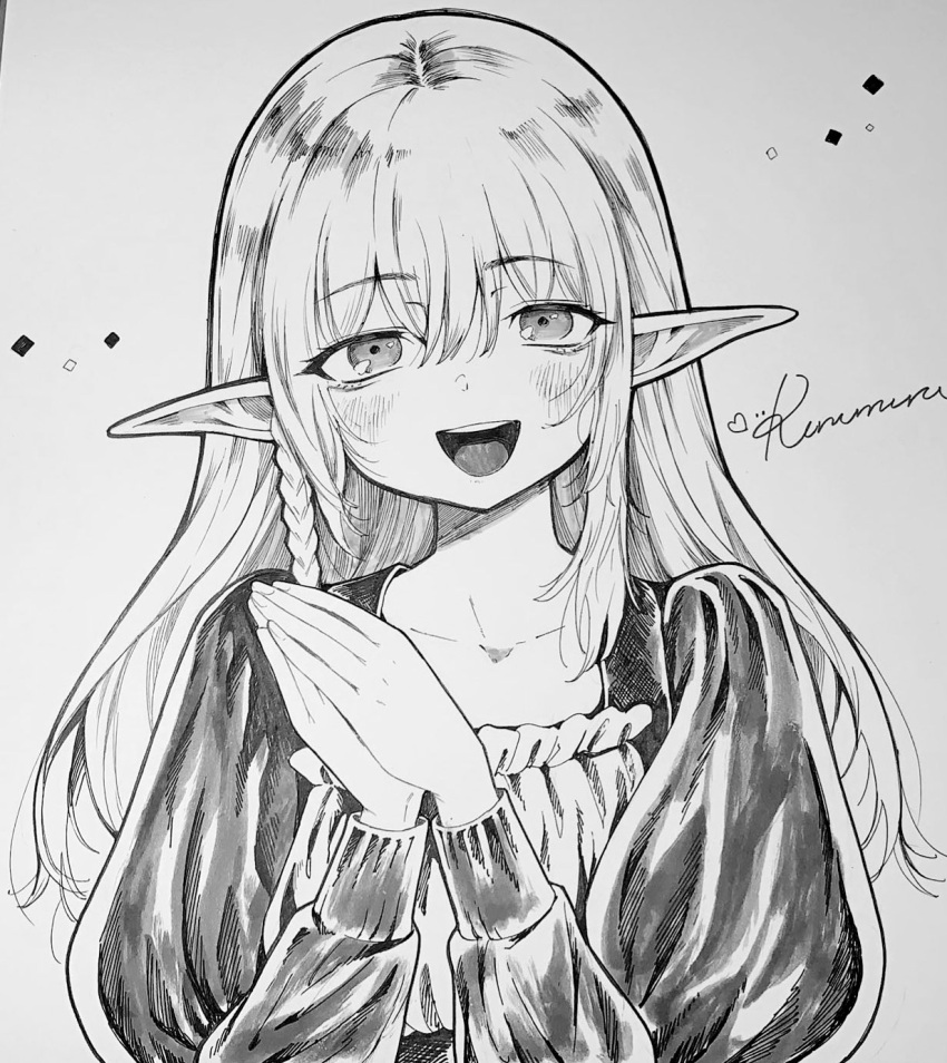 1girl blush braid dress elf greyscale highres kanimura_ebio long_hair long_sleeves looking_at_viewer monochrome open_mouth original own_hands_together pointy_ears shikishi side_braid signature simple_background smile solo traditional_media upper_body