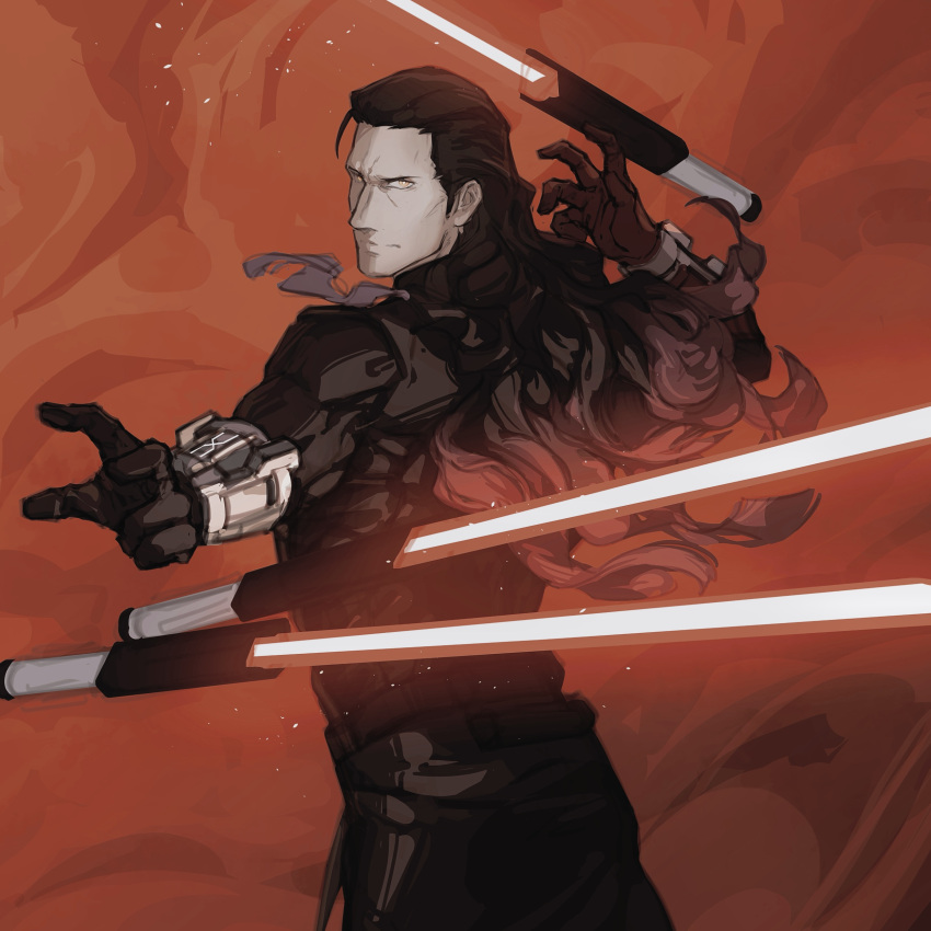 1boy absurdres black_bodysuit black_hair bodysuit cowboy_shot dust energy_sword fate/grand_order fate_(series) gloves highres holding_lightsaber lightsaber long_hair looking_at_viewer looking_back male_focus nikola_tesla_(fate) red_background science_fiction solo star_wars sword viscontiapclyps weapon yellow_eyes