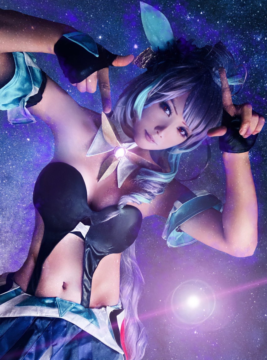 1girl arm_strap black_gloves blue_hair blue_skirt breasts collarbone cosplay_photo detached_collar finger_frame fingerless_gloves gloves hair_ribbon head_tilt hidechan highres lens_flare long_hair looking_at_viewer macross macross_delta medium_breasts mikumo_guynemer multicolored_hair navel photo_(medium) purple_hair red_eyes ribbon skirt smile solo space streaked_hair very_long_hair