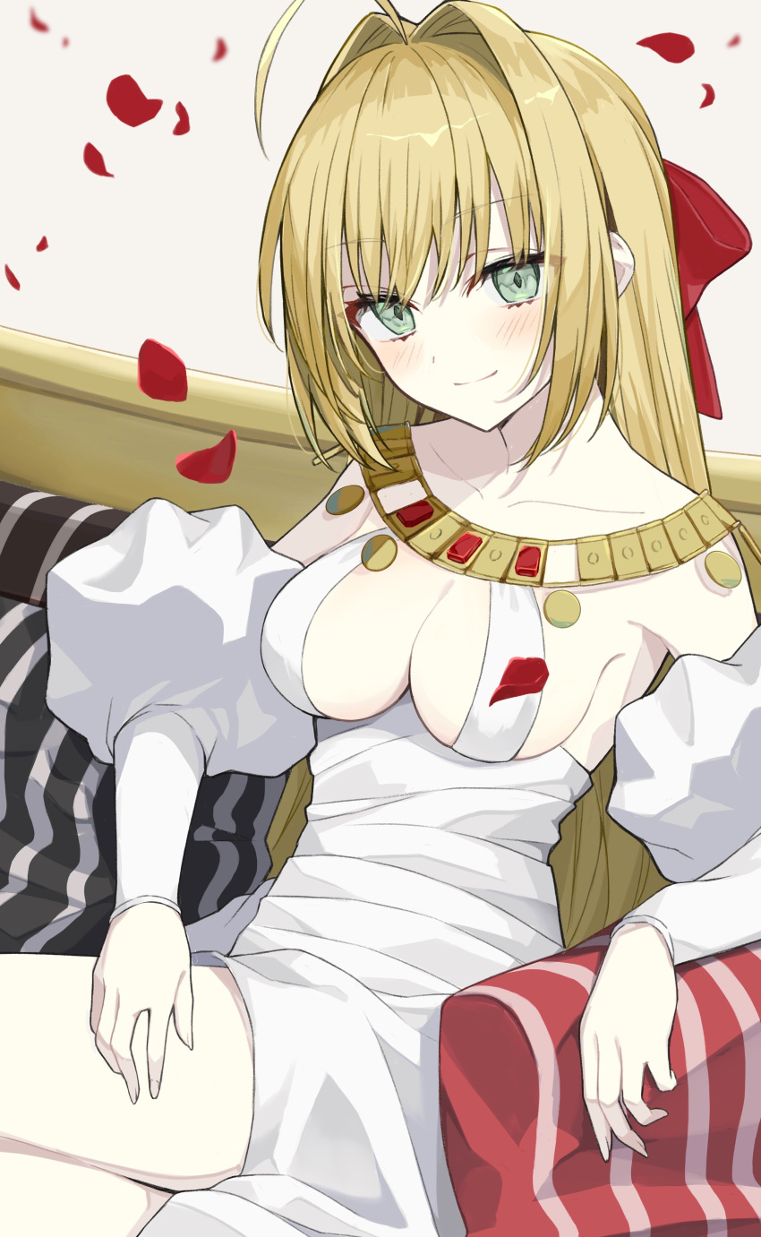 1girl absurdres ahoge bare_shoulders blonde_hair blush braid breasts chalice detached_sleeves dress fate/extra fate/grand_order fate_(series) french_braid green_eyes hair_bun hair_intakes hair_ribbon highres kake_udon large_breasts looking_at_viewer nero_claudius_(fate) nero_claudius_(fate/extra) nero_claudius_(formal_dress)_(fate) official_alternate_costume petals ribbon roman_clothes rose_petals shoulder_necklace single_hair_bun smile solo thighlet white_dress