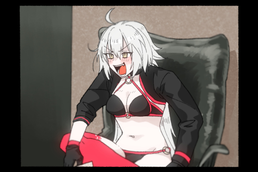 1girl ahoge bikini black_bikini black_border black_gloves black_jacket border breasts cleavage commentary_request fate/grand_order fate_(series) feet_out_of_frame figure_four_sitting gedougawa gloves hair_between_eyes jacket jeanne_d'arc_alter_(fate) jeanne_d'arc_alter_(swimsuit_berserker)_(fate) long_bangs long_hair manatsu_no_yo_no_inmu medium_breasts o-ring o-ring_bikini o-ring_bottom o-ring_top open_mouth parody red_thighhighs shrug_(clothing) single_thighhigh sitting slit_pupils solo swimsuit thighhighs v-shaped_eyebrows very_long_hair white_hair yellow_eyes