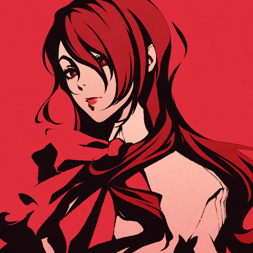 1girl bow bowtie closed_mouth hair_between_eyes hair_over_one_eye kirijou_mitsuru lips long_hair looking_at_viewer moshimoshibe persona persona_3 red_background red_bow red_bowtie red_eyes red_hair red_lips red_theme shirt simple_background solo upper_body