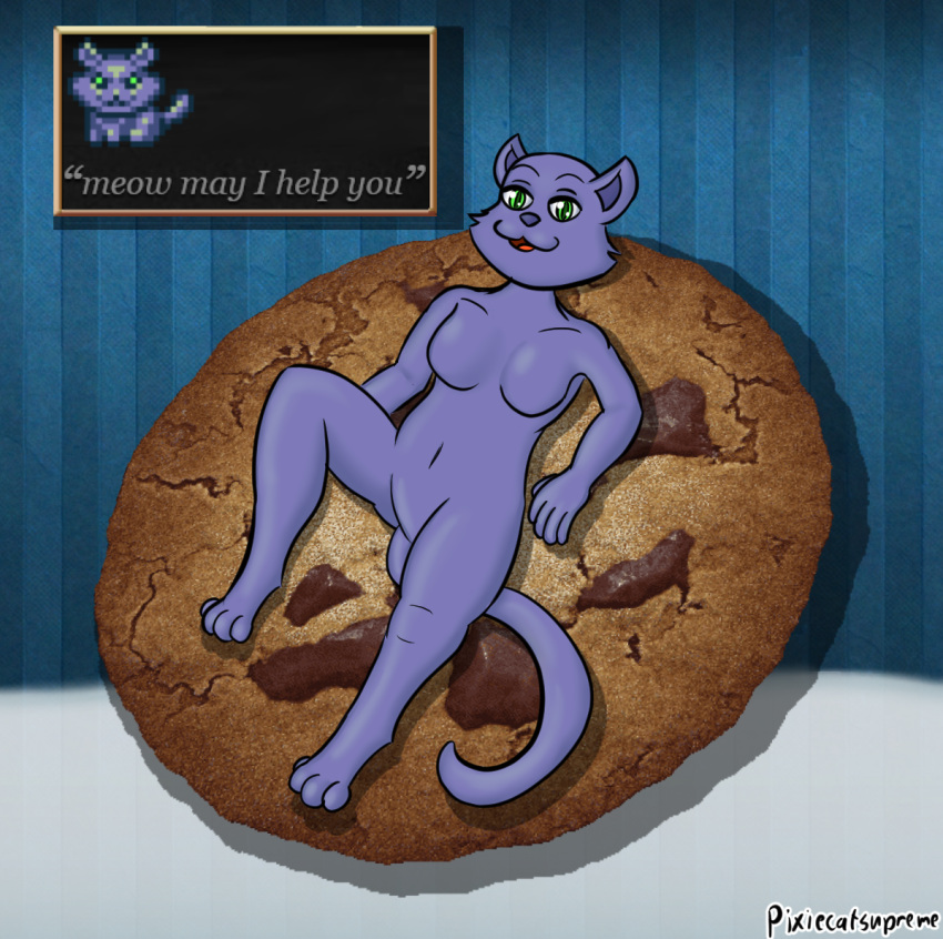 anthro blue_body blue_fur blue_nose cookie cookie_clicker domestic_cat felid feline felis food fur girly green_eyes lying mammal milk on_back pixiecatsupreme smile text_box