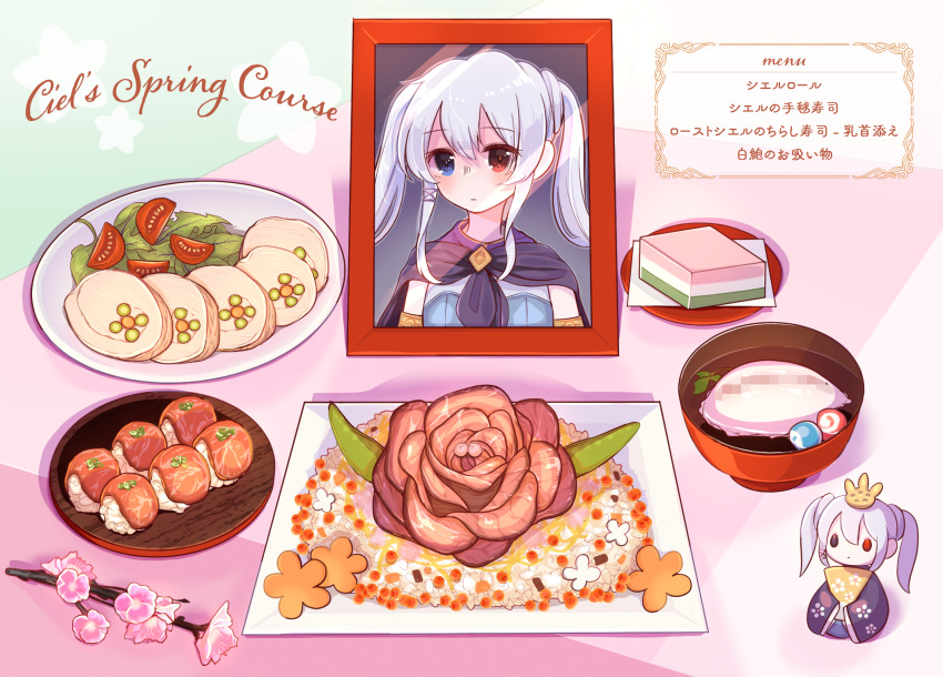 1girl blue_eyes blush cannibalism cape character_doll closed_mouth commentary english_text food guro heterochromia highres long_hair menu original picture_(object) pussy red_eyes salad sushi table translation_request uterus