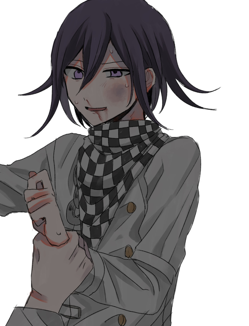 1boy black_hair blood blush bruise bruise_on_face buttons checkered_clothes checkered_scarf danganronpa_(series) danganronpa_v3:_killing_harmony flipped_hair grey_jacket highres holding_another's_wrist injury jacket kasou_(roomno404_) long_sleeves male_focus medium_hair nosebleed oma_kokichi open_mouth pink_eyes scarf solo_focus sweat upper_body white_background