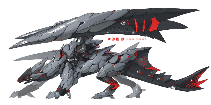 animal_focus artist_name black_sclera colored_sclera commentary dragon english_commentary facebook_logo facebook_username from_side full_body highres instagram_logo instagram_username mecha mechanization monster_hunter_(series) monster_hunter_3 no_humans open_mouth pixiv_logo pixiv_username red_eyes robot simple_background solo twitter_logo twitter_username valstrax walking white_background xezeno