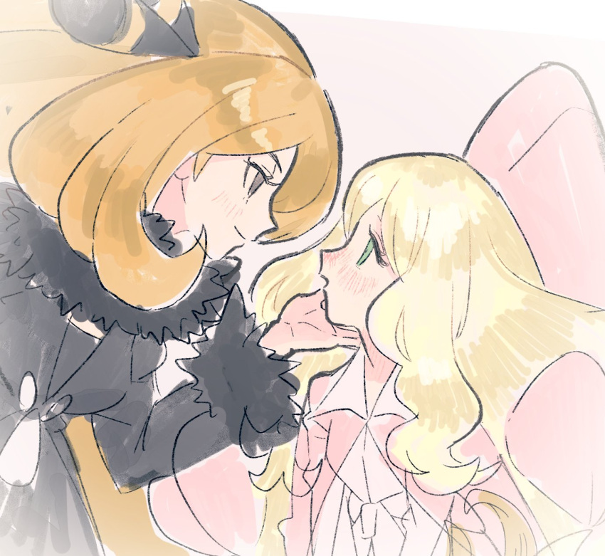 2girls black_coat blonde_hair blush caitlin_(pokemon) coat cynthia_(pokemon) dress fur_trim green_eyes hair_ornament hat highres long_hair long_sleeves looking_at_another multiple_girls pink_dress pink_headwear pokemon pokemon_(game) pokemon_bw pokemon_dppt tora_(ctiger) very_long_hair yuri