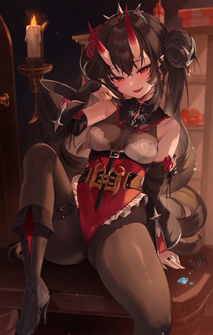 1girl black_footwear boots breasts brown_hair brown_pantyhose candle earrings fang highres horns indoors jewelry long_hair looking_at_viewer medium_breasts oni oni_horns open_mouth original pantyhose red_eyes red_horns sitting smile solo thigh_strap twintails zerocat