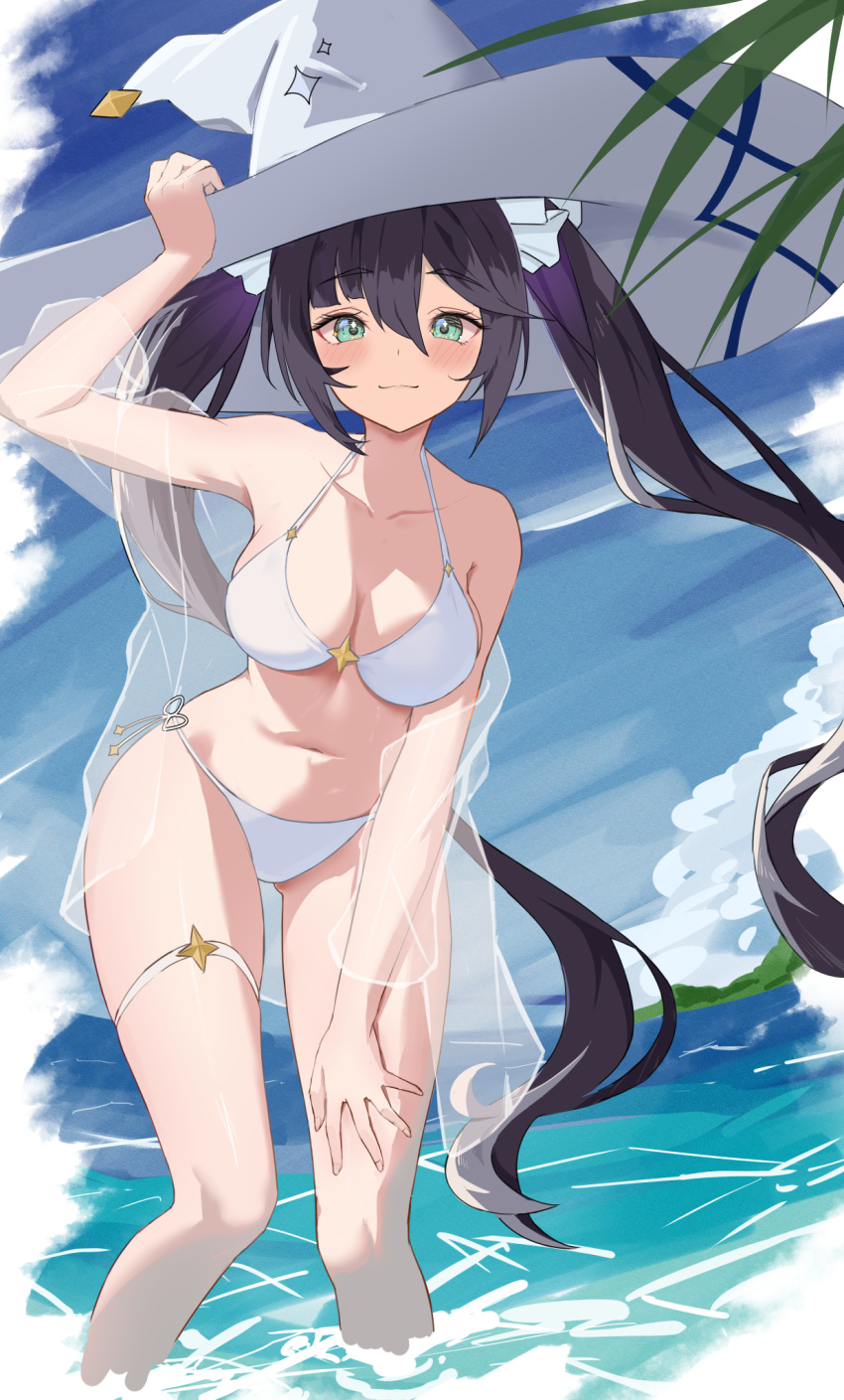 1girl atto_illust bikini black_hair blue_sky breasts closed_mouth cloud day genshin_impact green_eyes hand_on_headwear hat highres long_hair looking_at_viewer medium_breasts mona_(genshin_impact) navel ocean outdoors sky smile solo stomach swimsuit thigh_strap very_long_hair wading water white_bikini white_headwear witch_hat