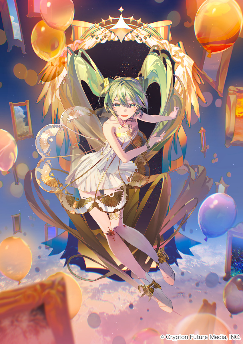 1girl absurdres agyou_sonokou_l balloon bare_shoulders boots cloud dress gramophone_miku green_eyes green_hair hair_ornament hatsune_miku highres miku_symphony_(vocaloid) see-through see-through_dress single_thigh_boot solo thigh_boots twintails vocaloid white_dress white_footwear