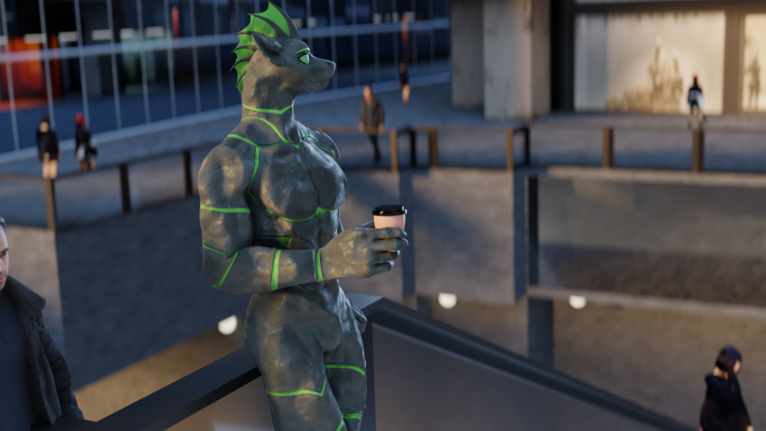 alien anthro athletic blender_(software) blender_cycles chytin coffee_mug custom_species exoskeleton frill_(anatomy) hi_res human male mammal membrane_(anatomy) membranous_frill public size_difference solo taller_male villainshima