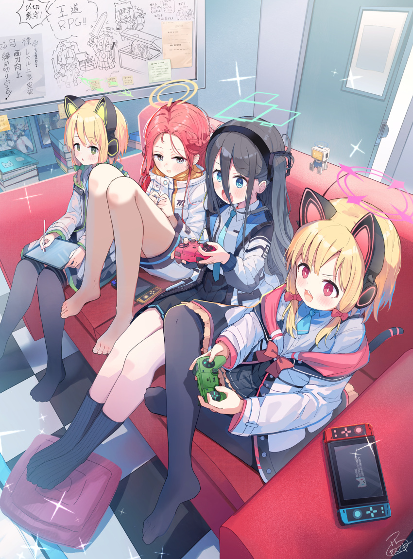 &lt;key&gt;_(robot)_(blue_archive) 4girls absurdly_long_hair animal_ear_headphones animal_ears aris_(blue_archive) black_thighhighs blue_archive blue_eyes blush fake_animal_ears game_development_department_(blue_archive) green_eyes halo headphones highres indoors jacket long_hair long_sleeves midori_(blue_archive) momoi_(blue_archive) multiple_girls nishi_yasuaki red_eyes ringed_eyes short_hair siblings sisters thighhighs twins very_long_hair white_jacket yellow_halo yuuka_(blue_archive) yuzu_(blue_archive)