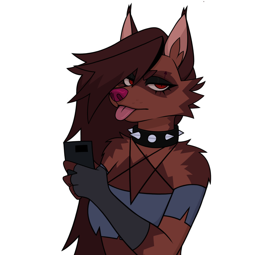 anthro black_eyeshadow blep brown_body brown_eartips brown_fur brown_hair canid canid_demon canine canis cellphone clothing collar demon ear_tips eye_scar eyeshadow facial_scar felid feline female fennec fox fur grey_clothing hair hellhound helluva_boss hi_res hybrid kairuutenma kariatenma lgbt_pride long_hair loona_(helluva_boss) lynx makeup mammal pentagram phone pink_nose pink_tongue pride_colors procyonid raccoon red_eyes scar sleepy.inkzzz solo spiked_collar spikes tongue tongue_out trans_(lore) trans_woman_(lore) wolf