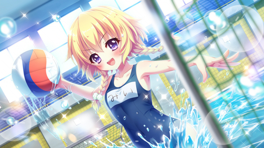 1girl :d ball blonde_hair blush braid breasts collarbone covered_navel day dot_nose dutch_angle film_grain game_cg goal hasegawa_mii holding holding_ball indoors izumi_tsubasu lens_flare looking_at_viewer medium_hair net non-web_source official_art open_mouth outstretched_arm playing_sports pool purple_eyes railing re:stage! school_swimsuit small_breasts smile solo sparkle sparkling_eyes splashing swimsuit teeth throwing tile_wall tiles twin_braids upper_teeth_only water_drop water_polo window