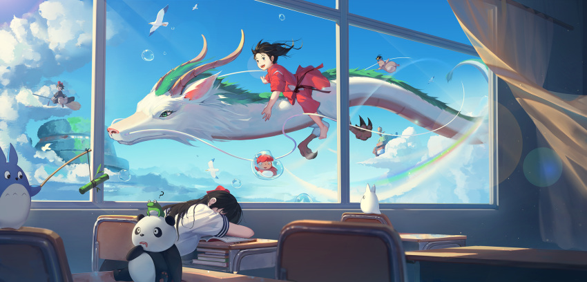 bird black_hair blue_sky broom broom_riding chair classroom cloud commentary desk dragon dreaming eastern_dragon gake_no_ue_no_ponyo haku_(sen_to_chihiro_no_kamikakushi) highres japanese_clothes kiki_(majo_no_takkyuubin) kimono majo_no_takkyuubin notebook ogino_chihiro ponyo red_kimono school_desk seagull sen_to_chihiro_no_kamikakushi sky sleeping_on_desk studio_ghibli stuffed_animal stuffed_panda stuffed_toy susuwatari tenkuu_no_shiro_laputa tonari_no_totoro totoro witch yuuta_(806350354)