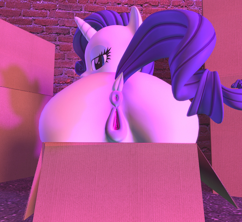 3d_(artwork) animal_genitalia anus aroused big_butt box brick_wall butt container digital_media_(artwork) dock docked_tail english_text equid equine female feral friendship_is_magic genitals hair half-closed_eyes hasbro hi_res horn horse long_hair long_mane looking_at_viewer looking_back looking_back_at_viewer mammal my_little_pony narrowed_eyes nude olkategrin plump_labia pony presenting presenting_anus presenting_pussy puffy puffy_anus pussy raised_tail rarity_(mlp) short_tail sitting_on_box solo source_filmmaker tail text unicorn unicorn_horn wall_(structure) widescreen