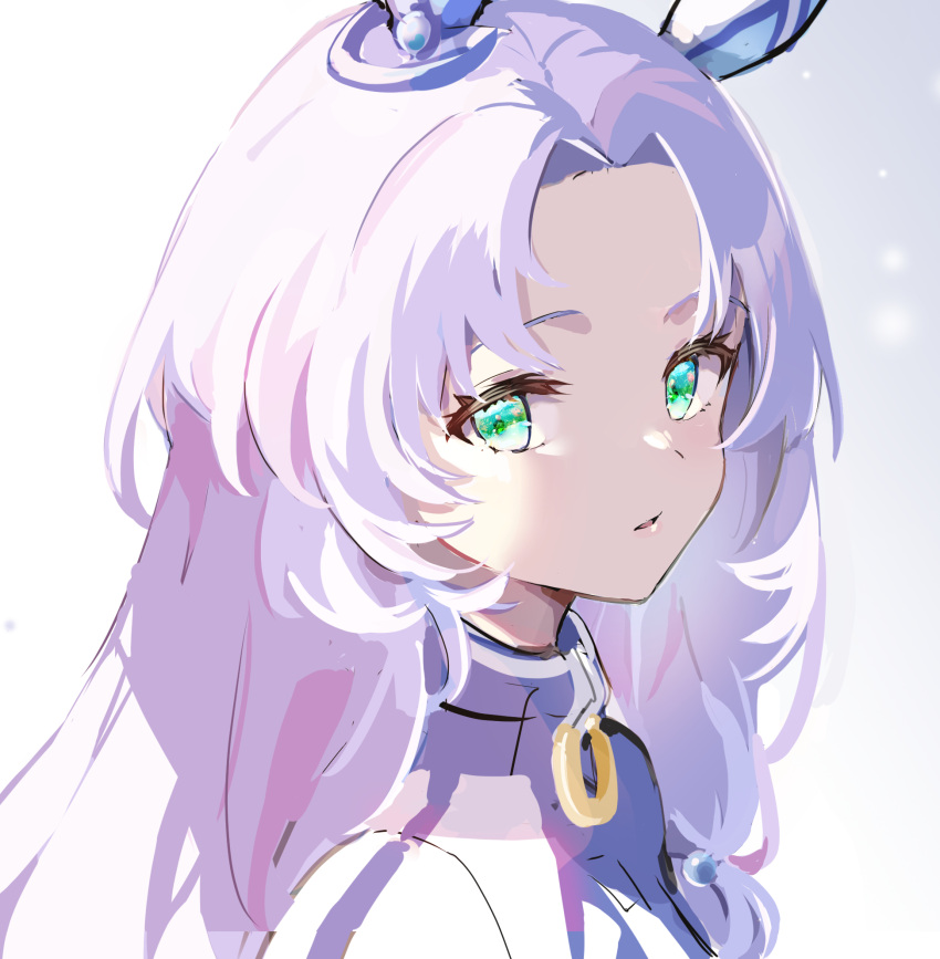 1girl forehead godolphin_barb_(umamusume) green_eyes grey_background highres jacket long_hair looking_at_viewer looking_to_the_side mola_mola parted_bangs parted_lips portrait purple_hair solo umamusume white_background