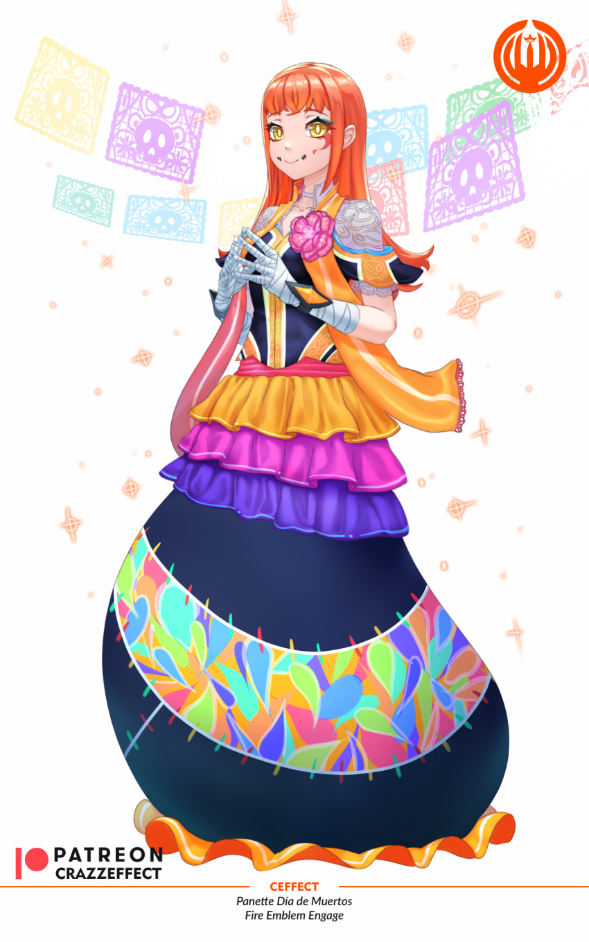 artist_name bandages blue_eyeshadow copyright_name crazzeffect dia_de_muertos dress english_text eyeshadow facial_mark fire_emblem fire_emblem_engage flower frilled_dress frills highres long_dress long_hair makeup multicolored_clothes multicolored_dress orange_dress orange_hair own_hands_together panette_(fire_emblem) patreon_username pink_flower skull smile sparkle tattoo white_background yellow_eyes