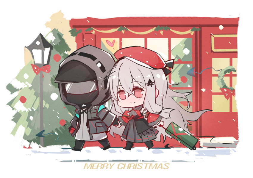 1girl 1other absurdres arknights beret black_footwear black_jacket boots building chibi chinese_commentary christmas christmas_tree commentary_request couple daier dress english_text fish_hair_ornament full_body grey_dress grey_hair hair_ornament hat highres holding holding_hands holding_suitcase hood hooded_jacket jacket long_hair looking_at_another mask ornament red_eyes red_headwear red_shawl shawl simple_background skadi_(arknights) smile snow suitcase white_background wreath