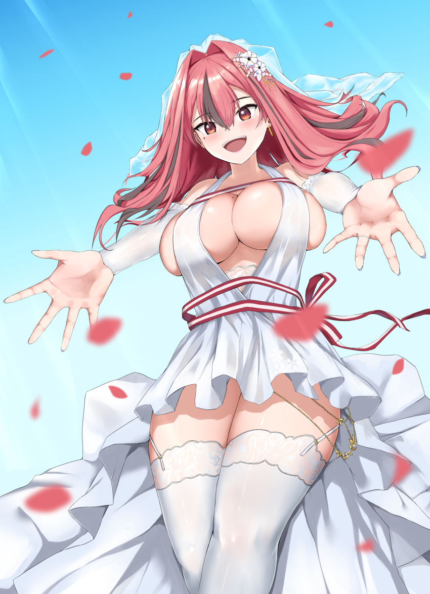 1girl absurdres azur_lane blue_sky breasts bremerton_(azur_lane) bremerton_(joyride_of_love)_(azur_lane) collarbone day dress flower from_below hair_flower hair_intakes hair_ornament highres large_breasts long_hair ojisan_f open_mouth outstretched_arms red_eyes red_hair red_ribbon ribbon sky smile solo spread_arms thighhighs thighs wedding_dress white_dress white_flower white_thighhighs white_veil