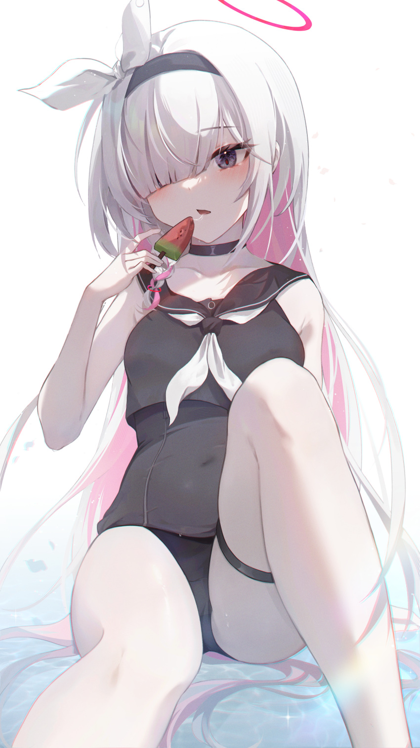 1girl absurdres black_choker black_eyes black_hairband black_one-piece_swimsuit black_sailor_collar blue_archive bow chingo_(pixiv8584617) choker colored_inner_hair covered_navel crop_top food grey_hair hair_bow hair_over_one_eye hairband halo head_tilt highres knee_up long_bangs long_hair looking_at_viewer multicolored_hair neckerchief no_pants one-piece_swimsuit pink_hair plana_(blue_archive) popsicle red_pupils sailor_collar saliva saliva_trail school_swimsuit school_uniform serafuku sitting solo swept_bangs swimsuit swimsuit_under_clothes thigh_strap thighs very_long_hair watermelon_bar white_bow white_neckerchief