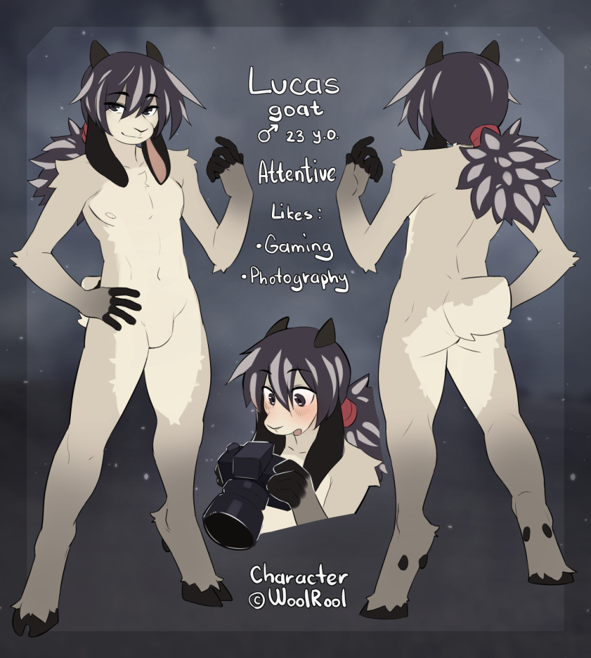 anthro bovid camera caprine cloven_hooves featureless_crotch floppy_ears front_view fur gender_symbol goat grey_body grey_fur grey_hair hair hand_on_hip hi_res hooves horn long_ears lucas_(woolrool) male mammal model_sheet nude ponytail rear_view solo symbol woolrool