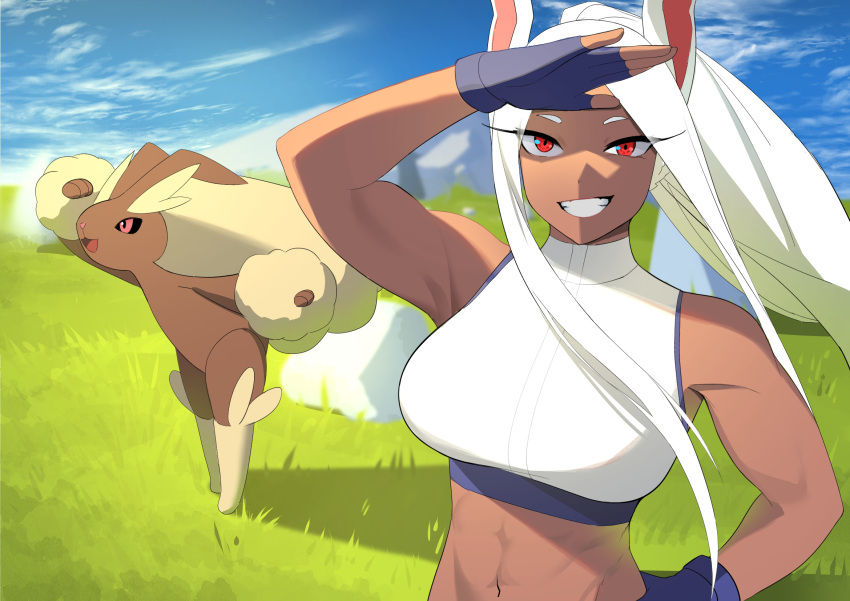 1girl blue_sky boku_no_hero_academia brown_fur cropped_shirt dark-skinned_female dark_skin day fingerless_gloves gloves grin hand_up highres kritta88 long_eyelashes long_hair looking_at_viewer lopunny mirko navel outdoors pokemon pokemon_(creature) ponytail purple_gloves rabbit_girl red_eyes sky sleeveless sleeveless_turtleneck smile solo teeth toned turtleneck two-tone_fur white_hair yellow_fur