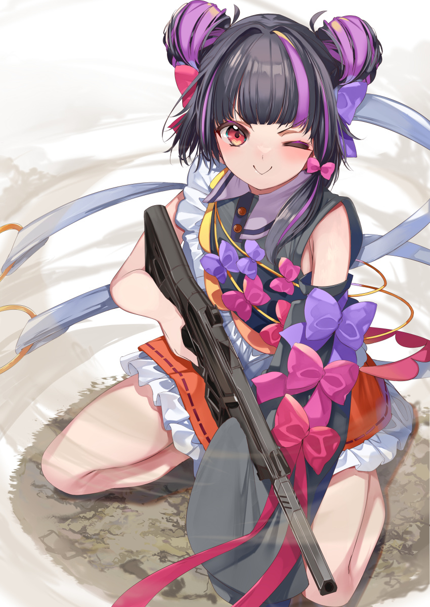 1girl :&gt; absurdres assault_rifle black_hair black_shirt black_sleeves blush borrowed_weapon closed_mouth detached_sleeves double_bun frilled_skirt frills full_body gun hair_bun highres holding holding_gun holding_weapon kneeling long_bangs long_hair looking_at_viewer multicolored_hair one_eye_closed orange_skirt original phantom_(valorant) pleated_skirt purple_hair red_eyes rifle shirt sidelocks skirt sleeveless sleeveless_shirt smile solo thighs two-tone_hair v-shaped_eyebrows valorant weapon yuutarou_(fukiiincho)