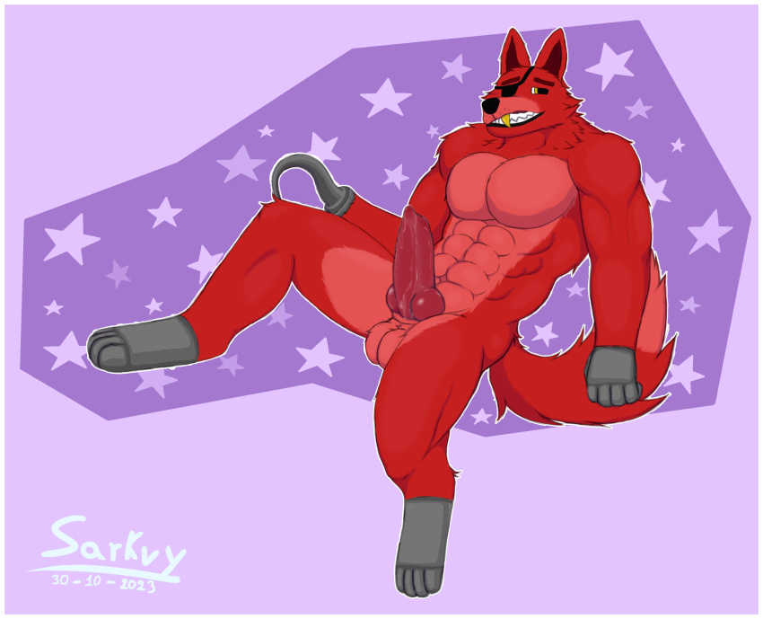 abs absurd_res animal_genitalia anthro balls bodily_fluids canid canine canis clothing erection eye_patch eyewear five_nights_at_freddy's fox foxy_(fnaf) fur genital_fluids genitals hi_res male mammal muscular muscular_anthro muscular_male nude penis sarkvy scottgames simple_background smile solo tail teeth