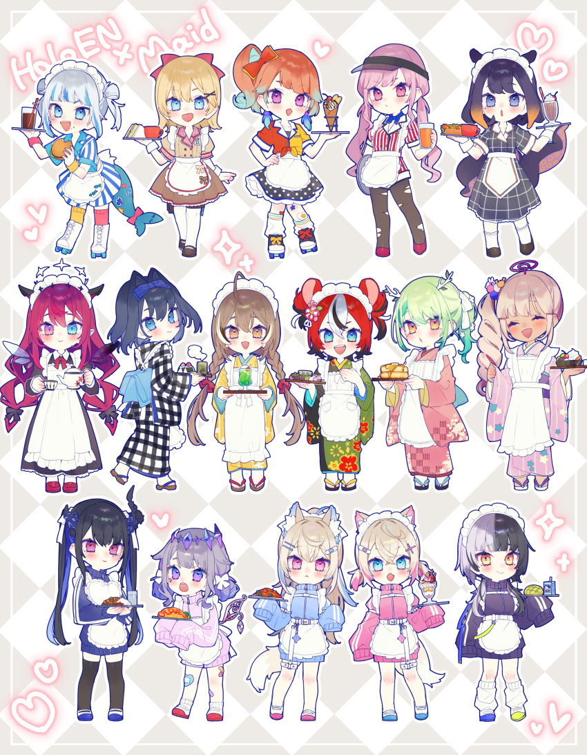 6+girls :d absurdres ahoge animal_ears apron asymmetrical_footwear asymmetrical_hair bandaid bandaid_on_knee bandaid_on_leg black_hair black_thighhighs blonde_hair blue_eyes blue_hair blunt_bangs blush braid bread broken_horn brown_eyes brown_hair burger ceres_fauna checkered_background chibi chiyomaru_(yumichiyo0606) closed_eyes colored_inner_hair colored_tips cup curry curry_rice dark-skinned_female dark_skin dog_ears dog_girl dog_tail fins fish_tail floral_print food food_on_face from_behind full_body fuwawa_abyssgard gawr_gura green_eyes grey_hair hair_ornament hakos_baelz hand_on_own_hip heterochromia highres holding holding_cup holding_food holding_teapot holding_tray holoadvent holocouncil hololive hololive_english holomyth horns hot_dog ice_cream_crepe irys_(hololive) jacket japanese_clothes kappougi kimono koseki_bijou light_brown_hair limiter_(tsukumo_sana) looking_at_viewer low_twin_braids maid maid_headdress melon_bread mismatched_footwear mococo_abyssgard mori_calliope mouse_ears mouse_girl multicolored_hair multiple_girls nanashi_mumei nerissa_ravencroft ninomae_ina'nis omelet omurice onigiri orange_hair ouro_kronii pancake pantyhose pink_eyes pink_hair pointy_ears polka_dot polka_dot_skirt ponytail purple_eyes purple_hair rice roller_skates sandwich shark_girl shark_tail sharp_teeth shiori_novella shirt side_ponytail skates skirt sleeves_past_fingers sleeves_past_wrists smile souffle_pancake standing star_(symbol) star_print strawberry_parfait streaked_hair striped striped_shirt swept_bangs tail takanashi_kiara teapot teeth tentacle_hair tentacles thighhighs torn_clothes torn_pantyhose track_jacket tray tsukumo_sana twin_braids twintails two-tone_hair virtual_youtuber visor_cap wa_maid waist_apron watson_amelia white_hair white_leg_warmers wings wrist_cuffs yukata yunomi