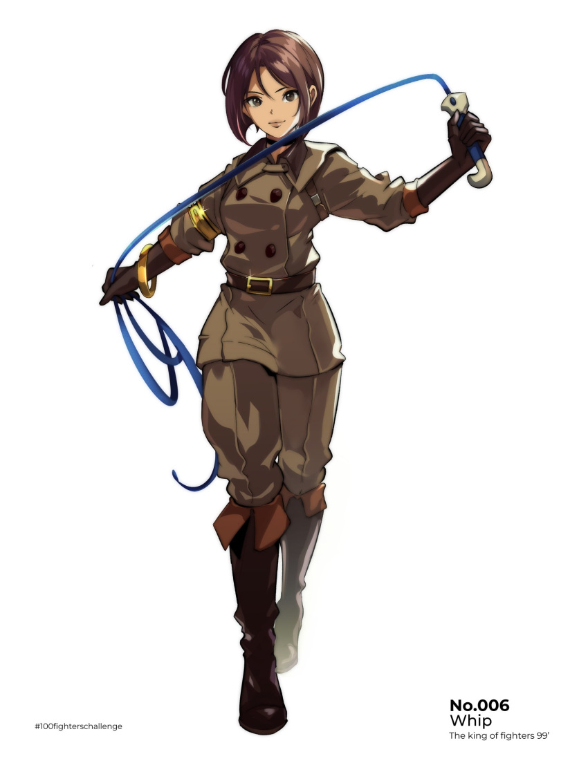 boots bracelet brown_eyes brown_gloves brown_hair character_name choker desert_eagle deyouron elbow_gloves full_body gloves gun handgun highres holding holding_whip jewelry military military_uniform short_hair the_king_of_fighters the_king_of_fighters_xv uniform weapon whip whip_(kof)